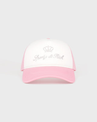 Pink and white cap with 'Sporty & Rich' logo on a light gray background