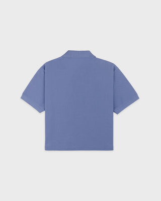 Blue polo shirt on a light gray background