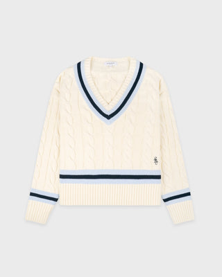 SRC Cableknit V - Neck Sweater - Ecru/Navy/Ciel