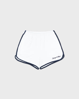 White underwear with navy trim on a white background