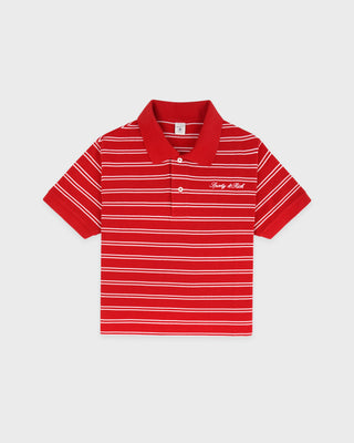 Red and white striped polo shirt on a light gray background