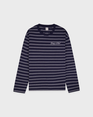 Navy and white striped long-sleeve shirt on a light gray background