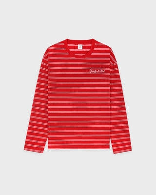 Red and white striped long-sleeve shirt on a light gray background
