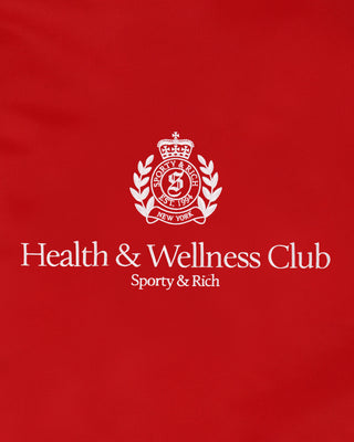 Red background with white logo and text for Health & Wellness Club and Sporty & Rich