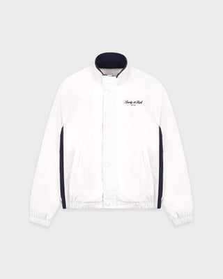 White jacket with black accents on a light gray background