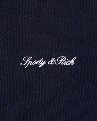 Navy blue fabric with 'Sporty & Rich' embroidered in white