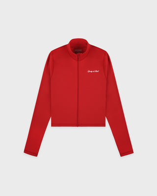 Red jacket with a brand logo on a light gray background