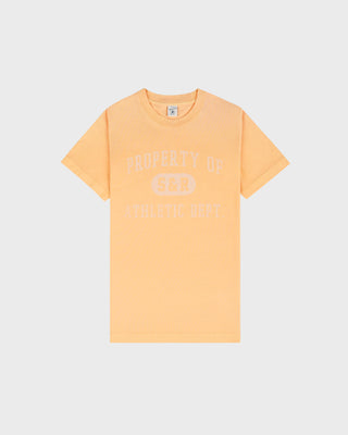 Yellow t-shirt with text on a light gray background