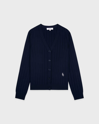 Navy blue cardigan with a small logo on a light gray background