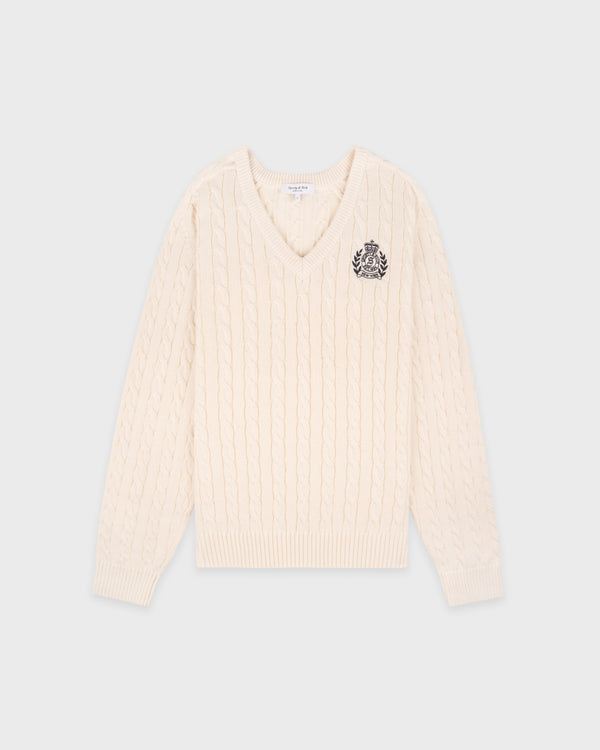 NY Crest V-Neck Cable Sweater - Ecru/Light Navy