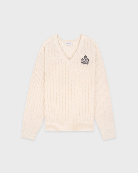 NY Crest V-Neck Cable Sweater - Ecru/Light Navy