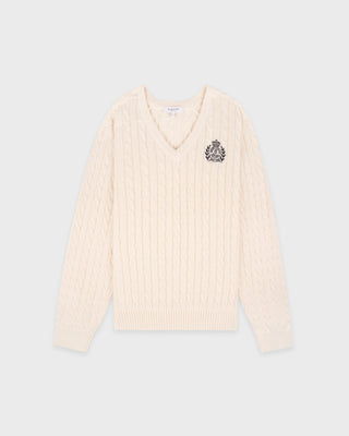 NY Crest V-Neck Cable Sweater - Ecru/Light Navy