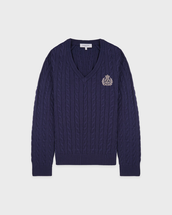 NY Crest V-Neck Cable Sweater - Light Navy/Ecru