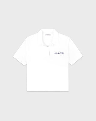 White polo shirt with black text on a light gray background