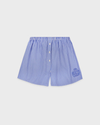 Blue and white striped shorts on a light gray background