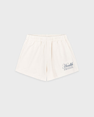 White shorts with text on a light gray background