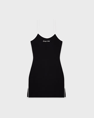 Black dress with white text on a white background
