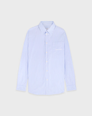 Light blue and white striped shirt on a light gray background