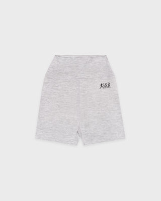 Gray shorts with a logo on a white background