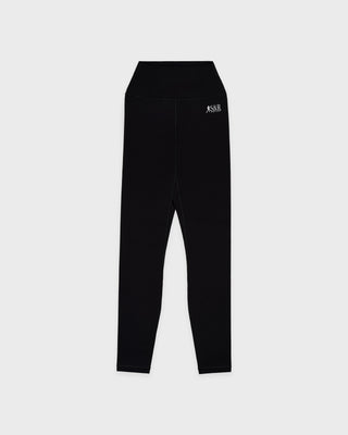 Black leggings with a logo on a light gray background
