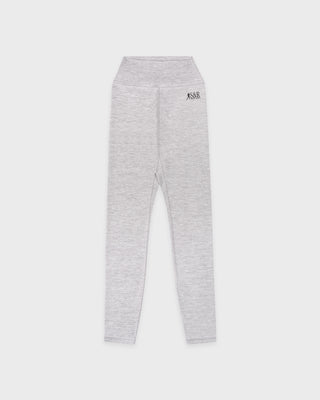 Gray leggings with a brand logo on a white background