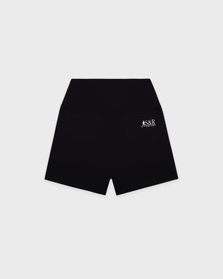 Black shorts with a logo on a light gray background