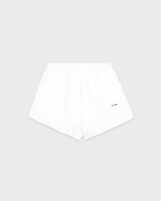 LA Serif Disco Short in White/Team Blue, featuring a blue LA logo and Sporty & Rich text on the front, crafted from athletic cotton fleece with a super-short length, made in the USA and laid flat on a white background.