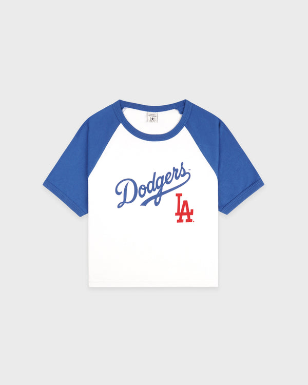 Dodgers Serif Baby Baseball Tee - White/Team Blue/Fire Red
