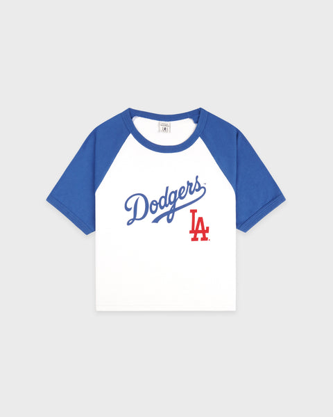 Dodgers Serif Baby Baseball Tee - White/Team Blue/Fire Red