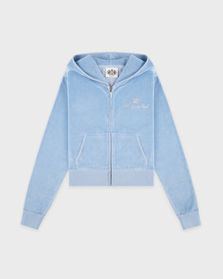 Light blue hoodie with a brand logo on a light gray background