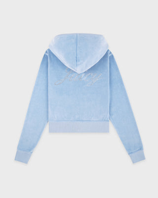 Light blue hoodie with 'Happy' text on the back against a light gray background
