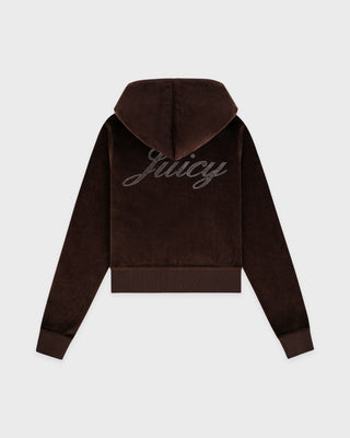 Brown hoodie with 'Juicy' branding on the back against a light gray background