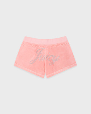 2000's Pink shorts with 'Juicy' text on a light gray background