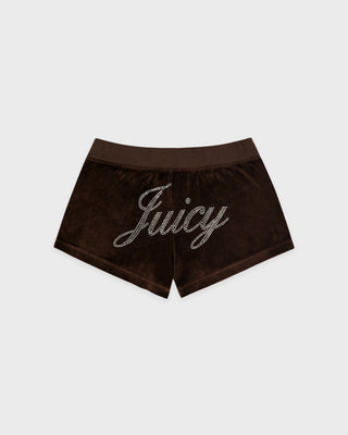 Brown shorts with 'Juicy' text on a light gray background