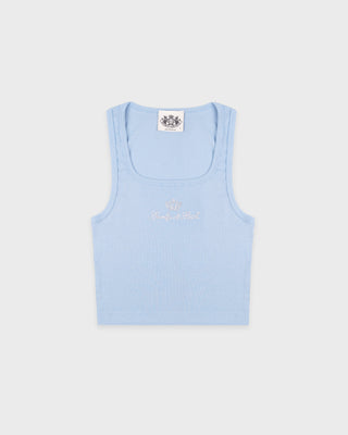 Light blue tank top with a brand logo on a white background