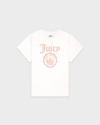 White t-shirt with 'Juicy' logo on a gray background