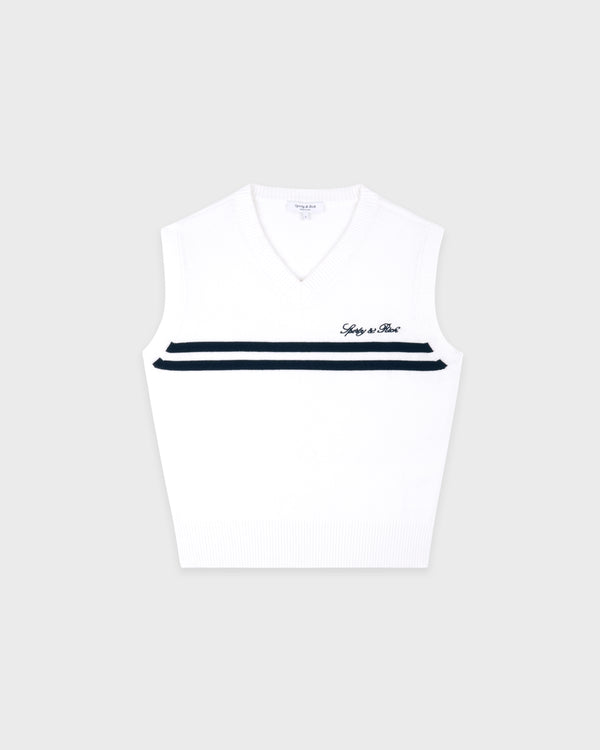 White sleeveless top with black stripes and branding on a white background