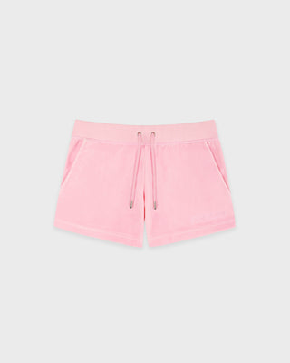 Light pink drawstring shorts with side pockets, displayed flat against a light gray background.