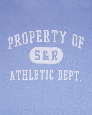 Blue t-shirt with 'Property of S&R Athletic Dept.' text in white