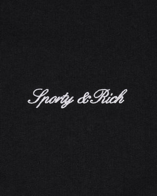 Black fabric with 'Sporty & Rich' embroidered in white