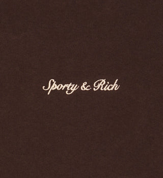 Syracuse Embroidered V-Neck Vest in Chocolate/Cream—100% cotton with cream “Sporty & Rich” cursive embroidery at center. Made in the USA.