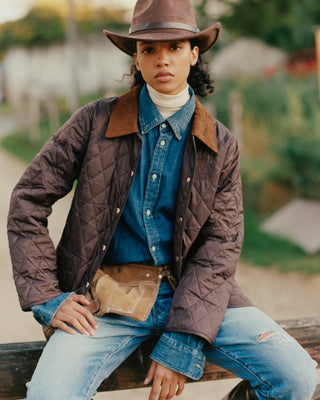 Person wearing a brown quilted jacket, blue shirt, and jeans sitting outdoors.