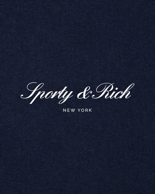 Navy blue fabric with 'Sporty & Rich New York' logo in white