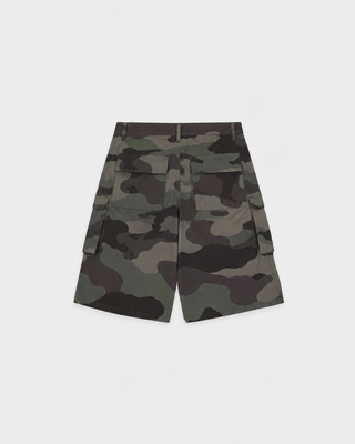 Cassia Cargo Oversized Long Short in camo print, featuring large pockets, displayed on a white background. #color:Olive Camo