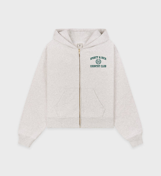 Varsity Crest Cropped Zip Hoodie - Heather Gray/Forest