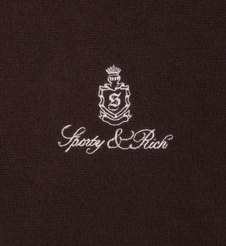 The Vendome Cashmere Short in Chocolate/White features brown cashmere fabric and an embroidered white crest logo with Sporty & Rich in cursive underneath.