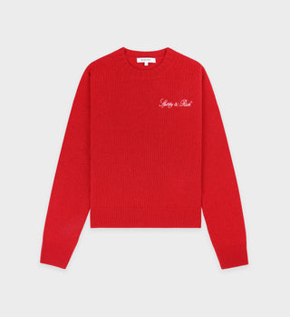 Vendome Script Cashmere Crewneck - Ruby/White