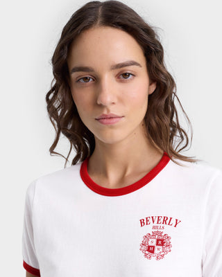 Beverly Hills Crest Soft Ringer Tee - White/Ruby