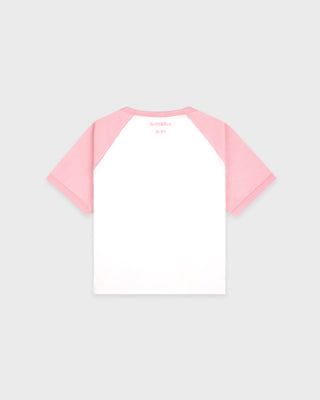 Pink and white baseball shirt on a light gray background