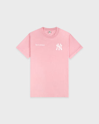 Pink t-shirt with a logo on a light gray background